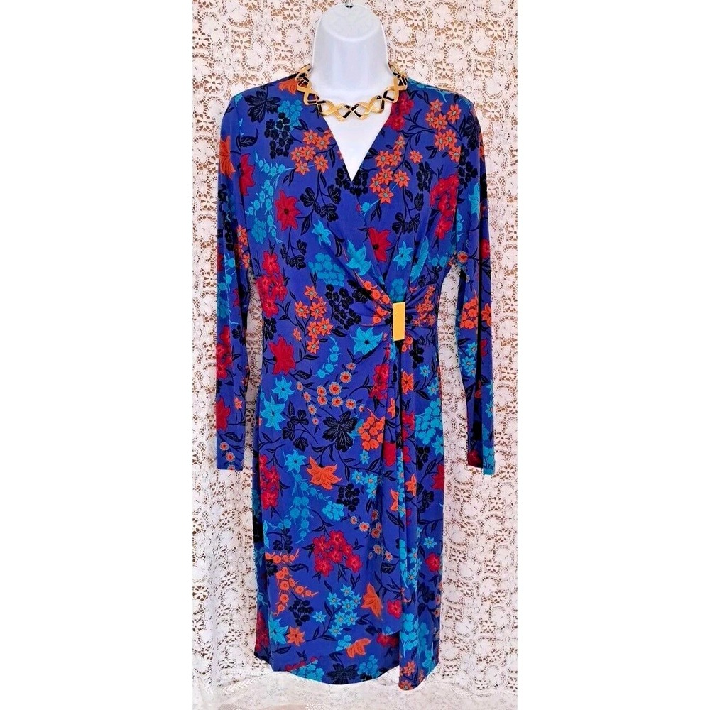 Chaps Dress Womens Size 6 Blue Floral Midi Faux Wrap V-neck Stretch‎ Long Sleeve